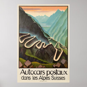 Póster Coches postales en los Alpes suizos Viaje vintage