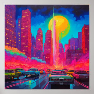 Póster Coches psicodélicos de la ciudad azul rosa