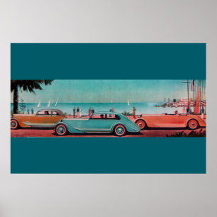 Póster COCHES RETRO , rojo rosa verde azul