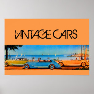 PÓSTER COCHES VINTAGE AMARILLOS AZULES EN LA CARRETERA DE