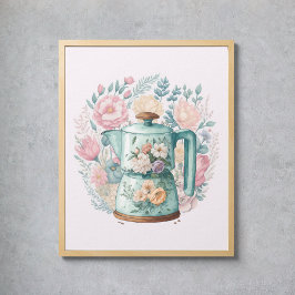 Póster Cocina acuática con café con flores rosadas