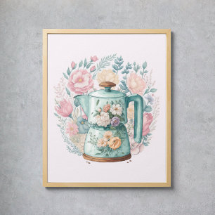 Póster Cocina acuática con café con flores rosadas