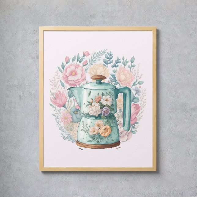 Póster Cocina acuática con café con flores rosadas (Pink Floral Coffee Kettle Watercolor Kitchen Poster
)