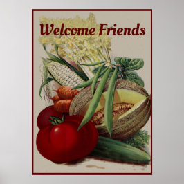 Póster Cocina de amigos con frutas y verduras de la época