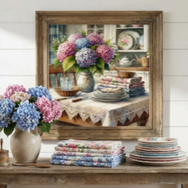Póster Cocina de Casa de Campo con Flores de Hortensia