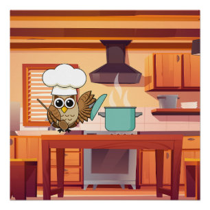 Póster Cocina de lechuza chef en cocina