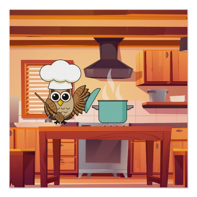 Póster Cocina de lechuza chef en cocina (Anverso)
