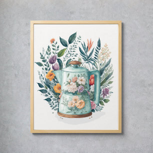 Póster Cocina floral botánica acuática moderna