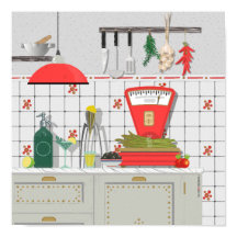 Cocina italiana con báscula roja y espárragos