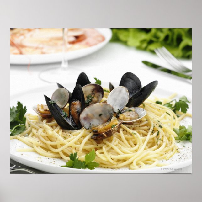 Póster Cocina italiana. Spaghetti alle vongole. (Frente)