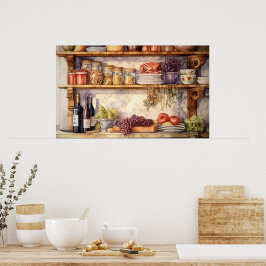 Póster Cocina vintage Shelf Botellas de vino Mason Jars