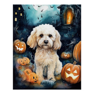 Póster Cockapoo de Halloween con calabazas aterradoras
