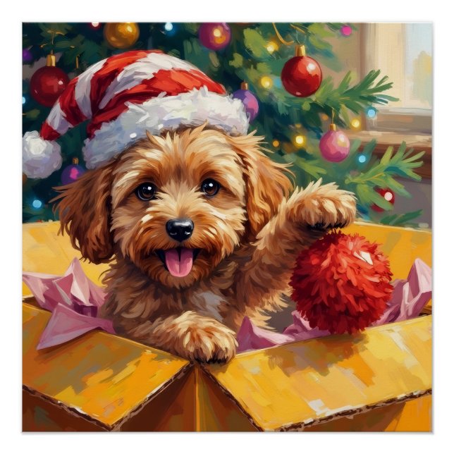 Póster Cockapoo Dog Christmas Gift Box Surprise (Anverso)