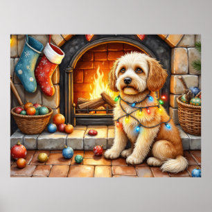 Póster Cockapoo Sentado junto a la Chimenea con Luces de 