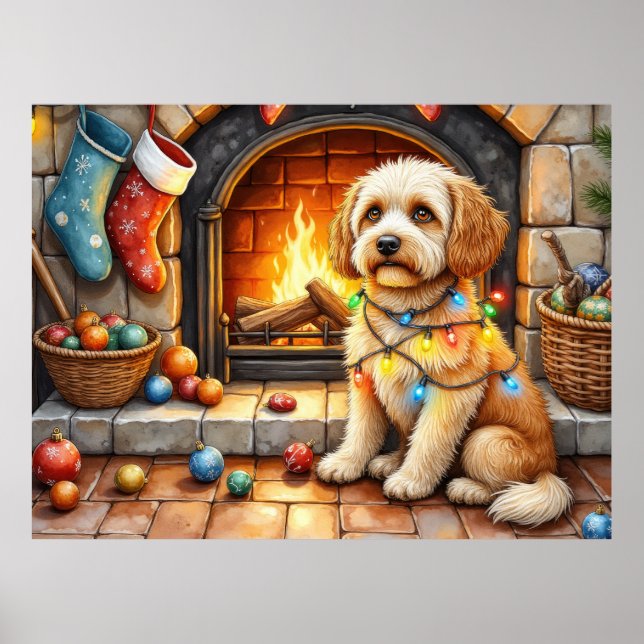Póster Cockapoo Sentado junto a la Chimenea con Luces de  (Frente)