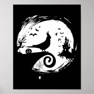 Póster Cockatiel Halloween Costume Moon Silhouette Asombr