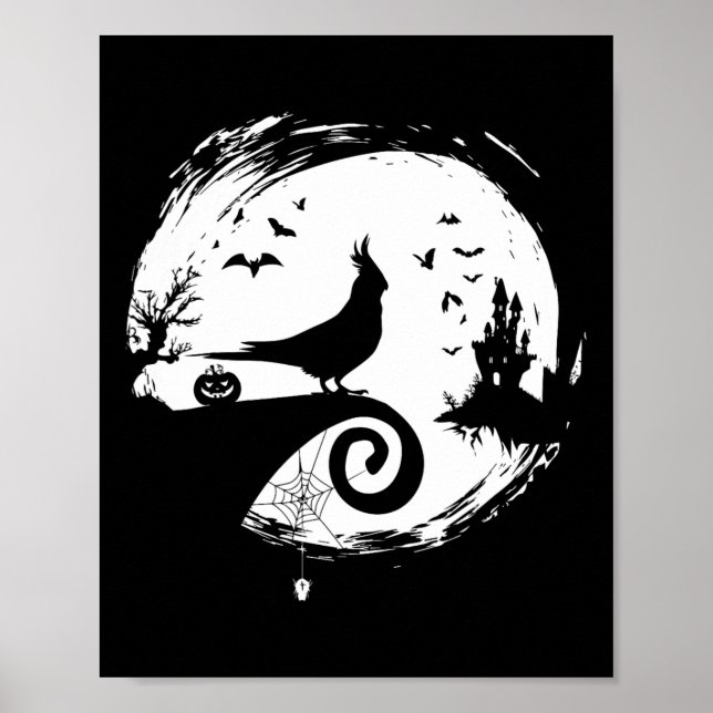Póster Cockatiel Halloween Costume Moon Silhouette Asombr (Frente)