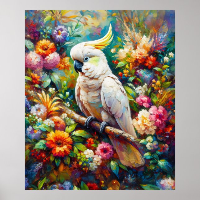 Póster Cockatoo con flores de colores (Frente)