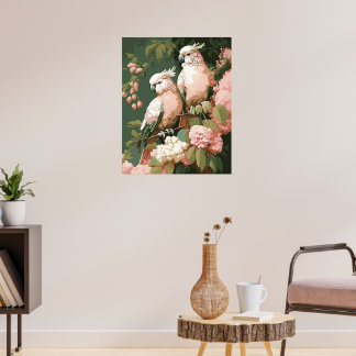 Póster Cockatoos rosados de estilo vintage con flores de
