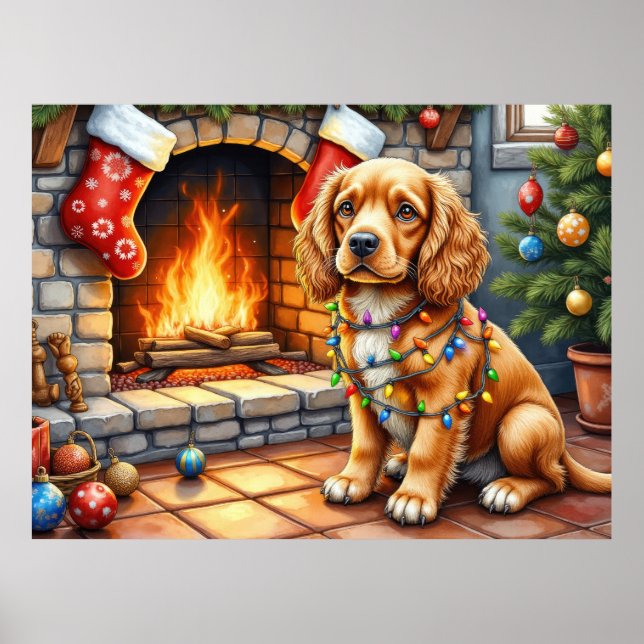 Póster Cocker Spaniel by Fireplace with Christmas Lights (Frente)
