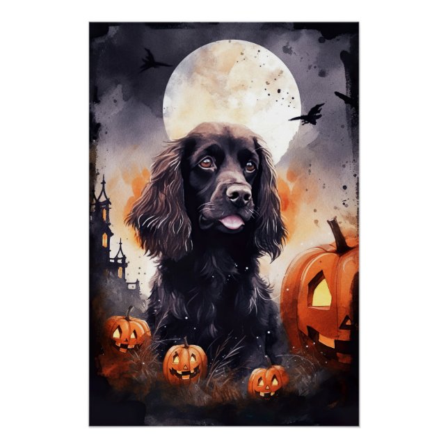Póster Cocker Spaniel de Halloween con calabazas (Anverso)