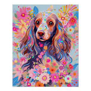 Póster Cocker Spaniel Dog and Flowers 002 - Joyería a med