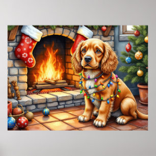 Póster Cocker Spaniel junto a la chimenea con luces de Na