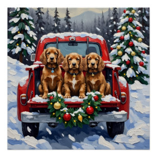 Póster Cocker Spaniel Navidad Camión Rojo Fiesta Navideña