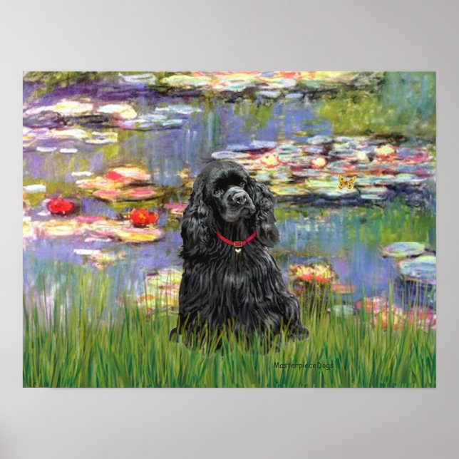 Póster Cocker Spaniel (negro) - Lirios 2 (Frente)
