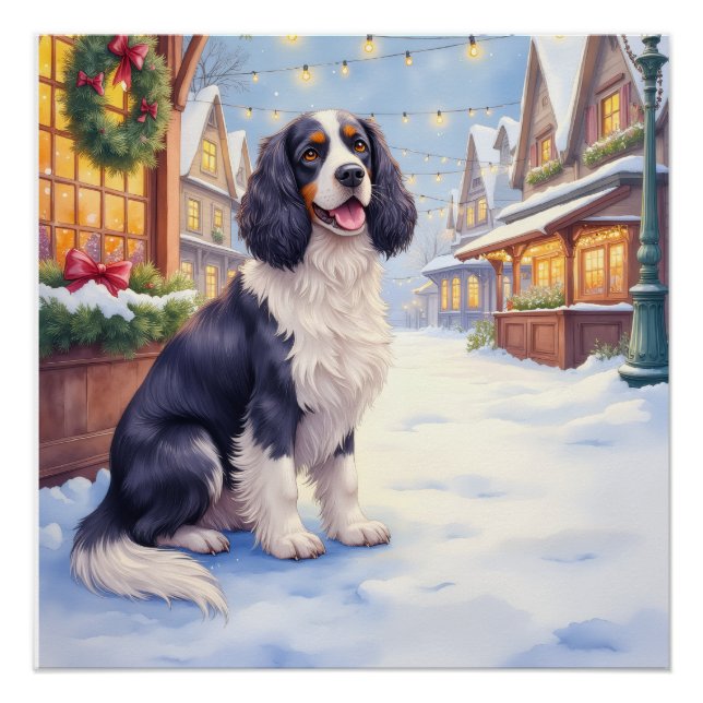 Póster Cocker Spaniel Snowy Village Christmas Art (Anverso)