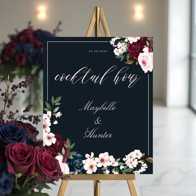 Póster Cocktail Hour Acuarela Borgoña Marina Floral (Cocktail Hour Watercolor Burgundy Navy Floral Poster)