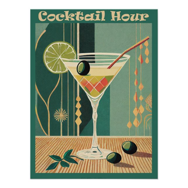 Póster Cocktail Hour Mid Century Martini Moderno (Anverso)