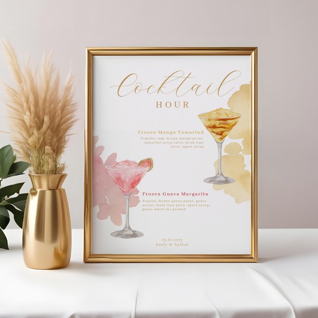 Póster Cocktail Hour Watercolor Cocktails Menú Boda (Cocktail Hour Watercolor Cocktails Wedding Menu Poster)