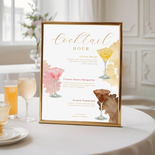 Póster Cocktail Hour Watercolor Cocktails Menú Boda (Cocktail Hour Watercolor Cocktails Wedding Menu Poster)