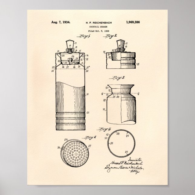 Póster Cocktail Shaker 1934 Patent Art Old Peper (Frente)
