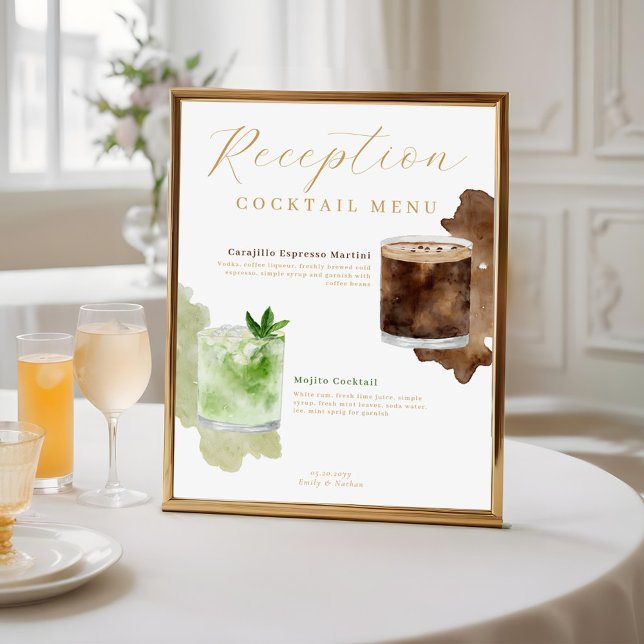 Póster Cocktails acuarela Menú de bebidas de la recepción (Watercolor Cocktails Wedding Reception Drink Menu Poster)