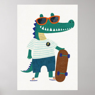 Póster Cocodrilo con monopatín y gafas de sol