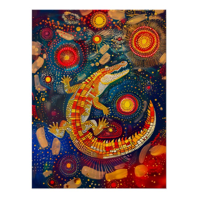 Póster Cocodrilo en estilo de arte de puntos aborigen (Anverso)