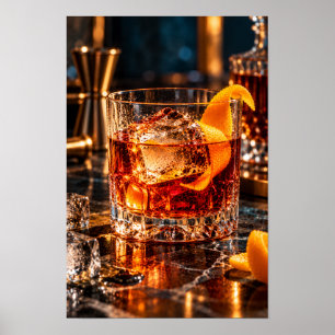 Póster Cóctel ámbar con toque de naranja y hielo – Lujo