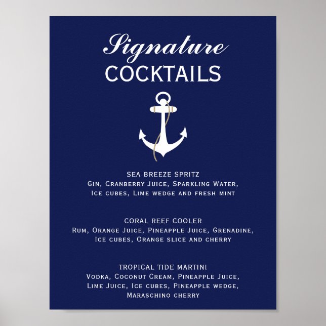 Póster Cóctel Boda Náutico Azul y Blanco (Frente)