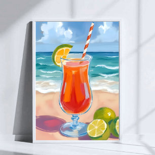 Póster Cóctel de Playa Pintura en Acuarela de Olas del