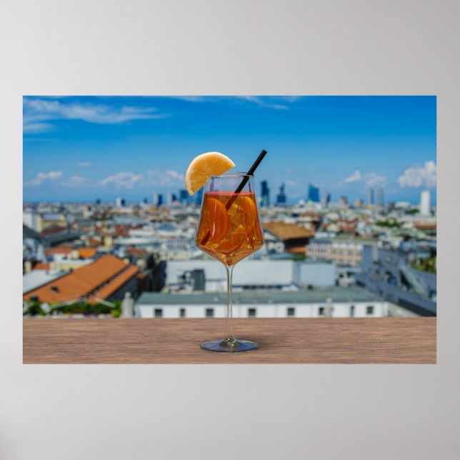Póster Cóctel Spritz en una mesa con vistas a Milán (Frente)