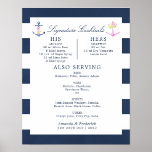 Póster Cócteles acuarela con firma floral nautica