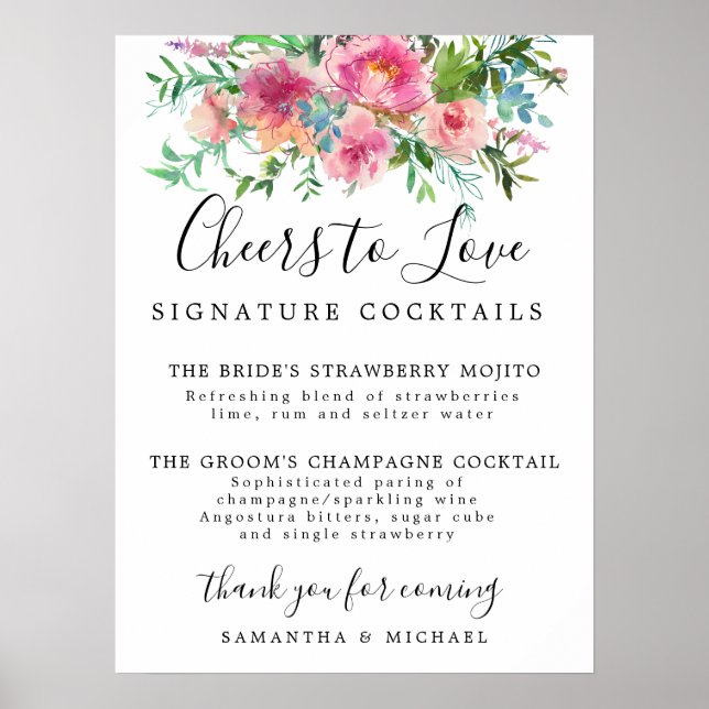 Póster Cócteles con firma floral rosa Boda Rótulo de bar (Frente)