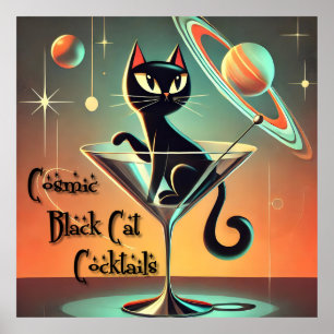 Póster Cócteles de gato negro cósmico futurista atómico