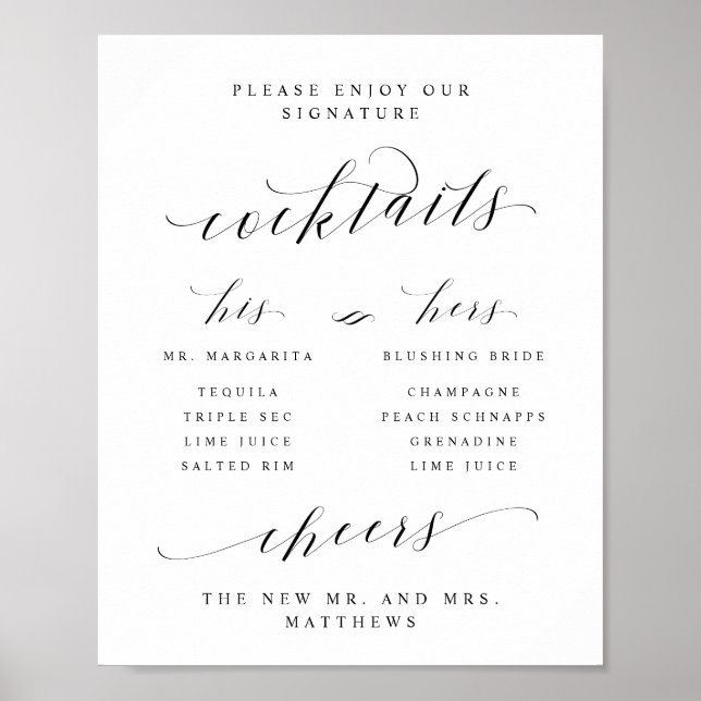 Póster Cócteles Destacados Menú de Bar Él y Ella Letrero (Frente)