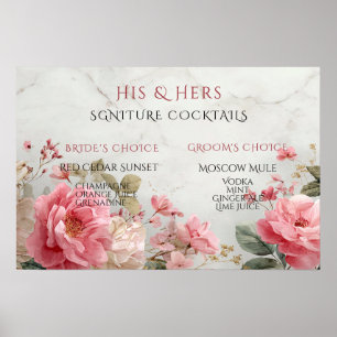 Póster Cócteles Personalizados de Novia y Novio Rosas Ros