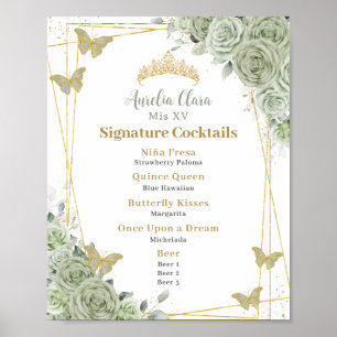 Póster Cócteles Signature de Quinceañera Floral Verde Sal