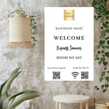 Código QR blanco logotipo de negocio sala de semin