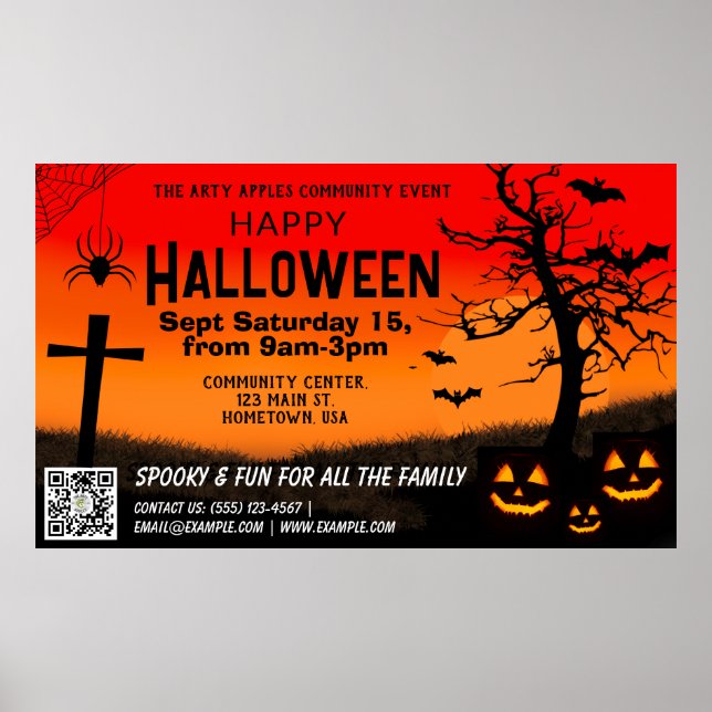 Póster código qr de banner de halloween rojo y negro feli (Frente)